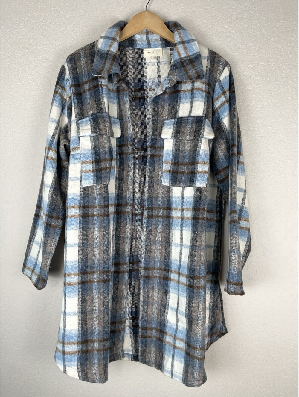 Melloday Plaid Shacket 1X OPEN Front Long Line Flannel Shirt Jacket Blue Boho